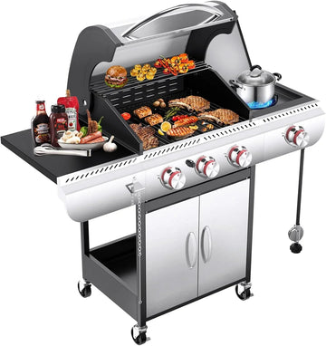 2026 R.W.FLAME 3 & 4-Brenner Propan-Gasgrills mit Seitenbrennern, für Outdoor-Kochen, BBQ, Terrasse, Camping