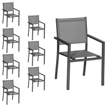 2026 Lot de 8 chaises en aluminium anthracite - textilène gris Happy Garden