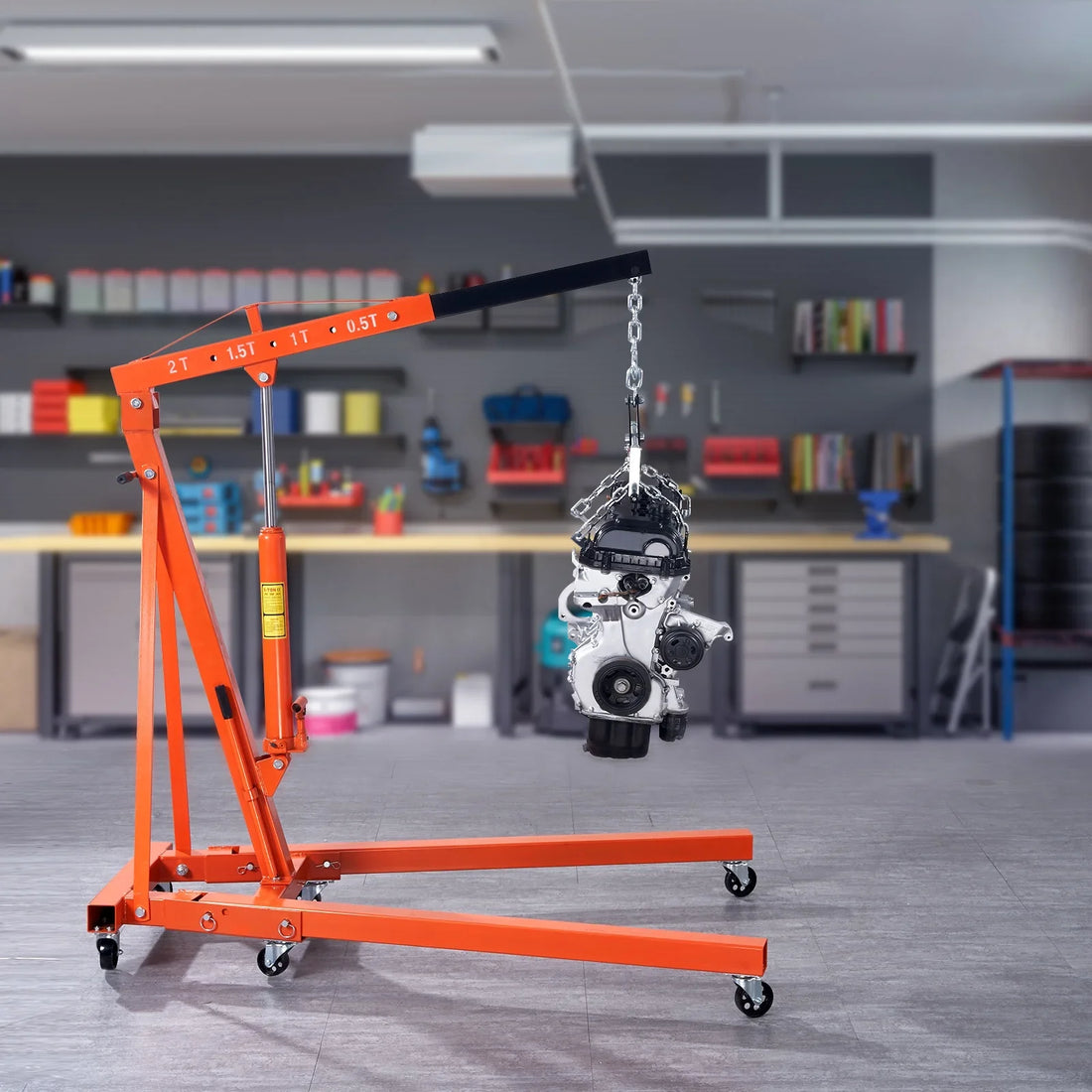 2026 BENTISM 2T Klappbarer Motorkran Motorheber mit Wasserwaage 4400 lbs/2 Tonnen Hochleistungs-Hubsteiger Werkstattkran Alterungsbeständiger Motorkran