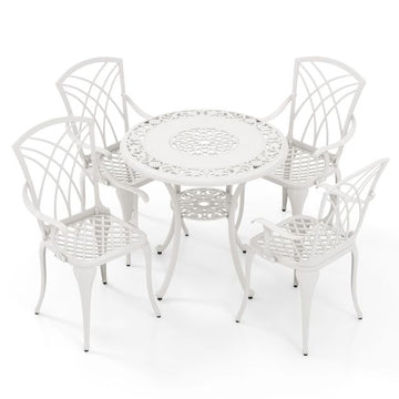 2026 5 Pcs Salon de Jardin en Fonte d'Aluminium Trou pour Parasol Repose-pieds Réglables Ensemble de Table Ronde et 4 Chaises Blanc