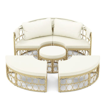 2026 Lit de Repos Rond pour Patio avec Auvent Rétractable Ensemble de Siège Sectionnels Séparés en Rotin PE avec Coussins Doux Blanc