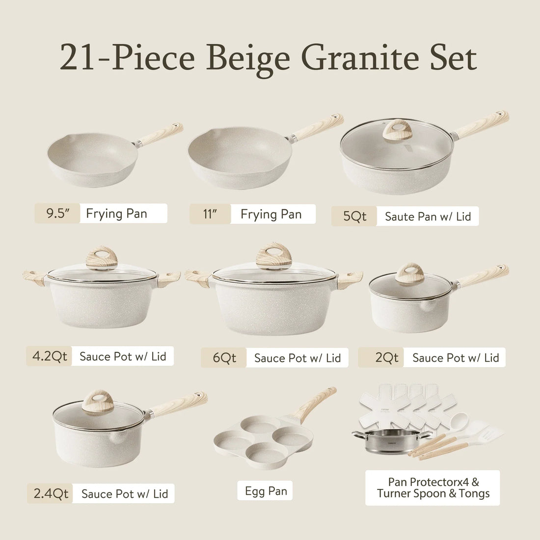 2026 Carote Antihaft-Topf- und Pfannen-Set, 21-teilig, Induktions-Kochgeschirr-Sets (Beige Granit)