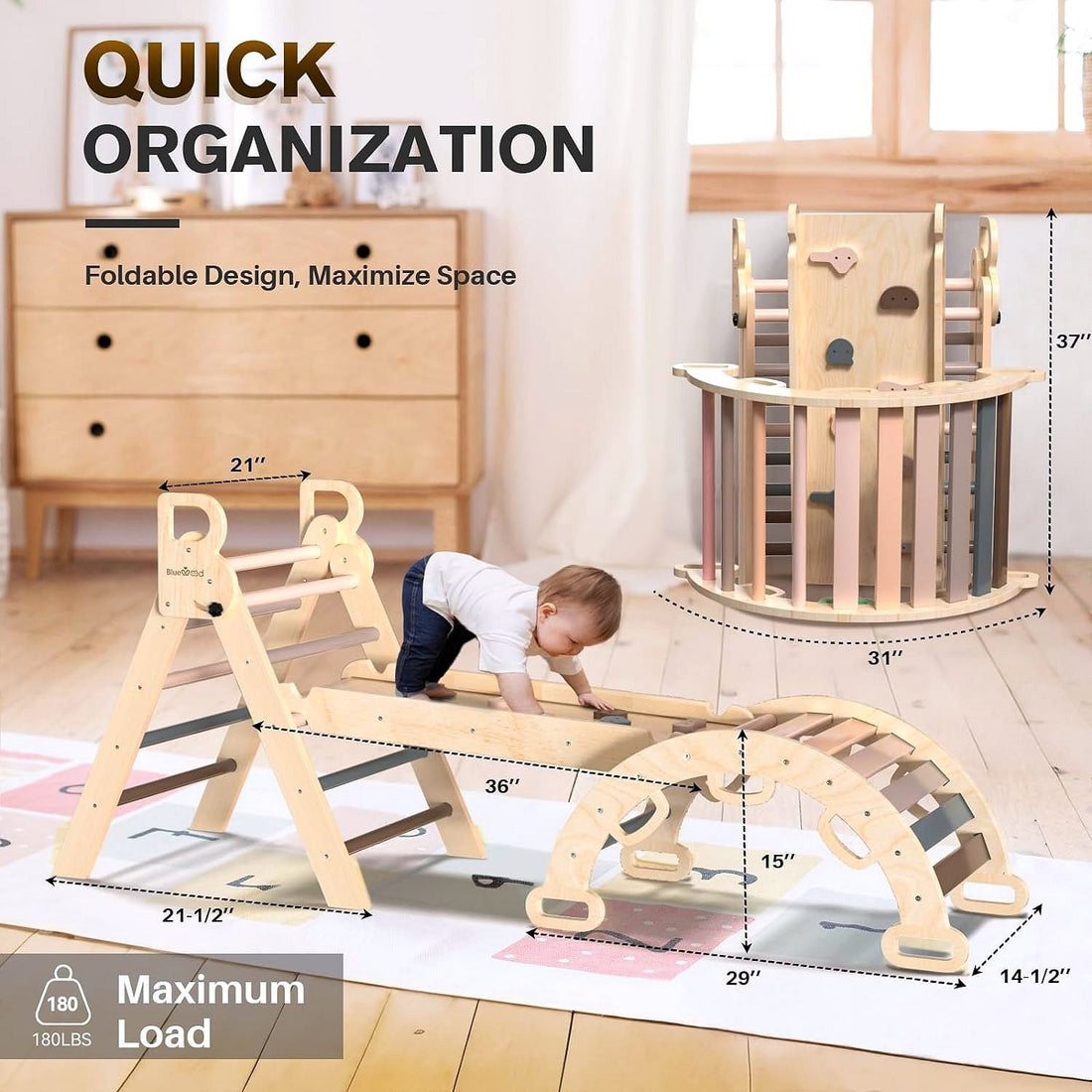 2026 Ensemble Triangle de Pikler 7-en-1 – Aire d’Escalade Montessori Pliable en Bois pour Enfants, avec Arche, Rampe & Échelle – Arc-en-ciel