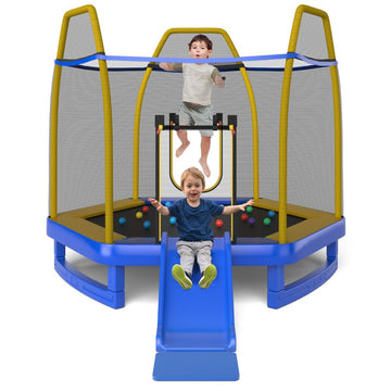 2026 Trampoline Extérieur Ø 223cm avec Toboggan&Echelle avec Filet de Sécurité 2 Portes en U Charge 270kg pour 2-3 Enfants de 3 Ans+ Bleu/Vert