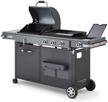 2026 Barbecue Bi-Energy Gun Metal XL - Barbecue Charbon et Plancha 60 x 42 cm à gaz avec brûleur latéral -12,95 KW