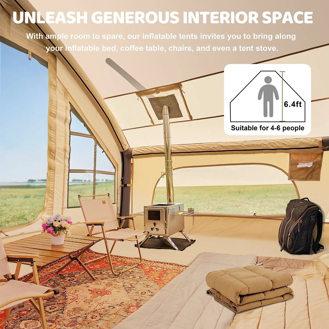 2026 Tenda da campeggio gonfiabile per 6 persone con pompa,tenda familiare Glamping di 10 piedi x 7 piedi Facile installazione 4 stagioni impermeabile antivento all'aperto Blow Up Tent Cabina Oxford di lusso con finestre e porte a rete -