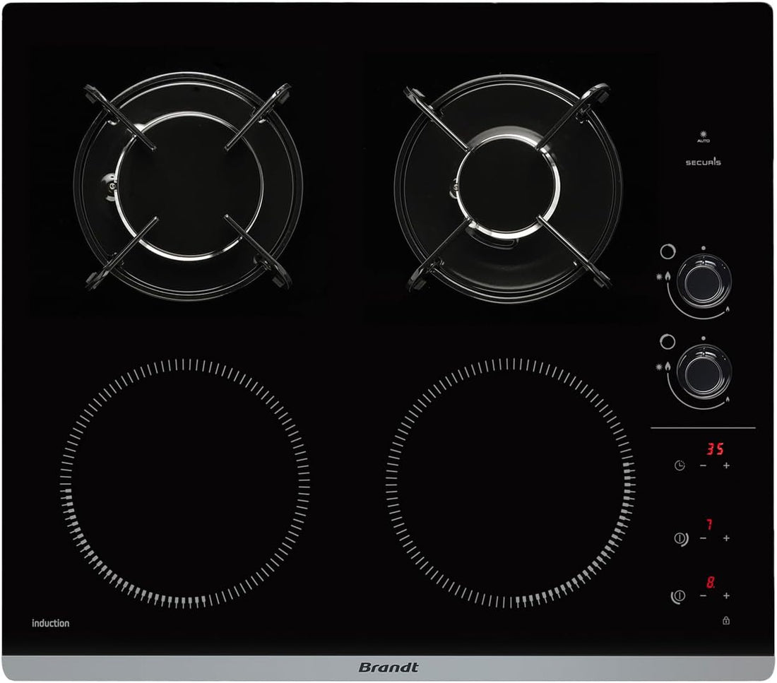 2026 Brandt - BPI6413BM - Plaque Induction et Gaz - Table de Cuisson - Noir - 4 Foyers - 3400W Electrique et 4600 Gaz - Dimensions Encastrement : 56x49cm - 9 Positions par Foyer - Fabriqué en France