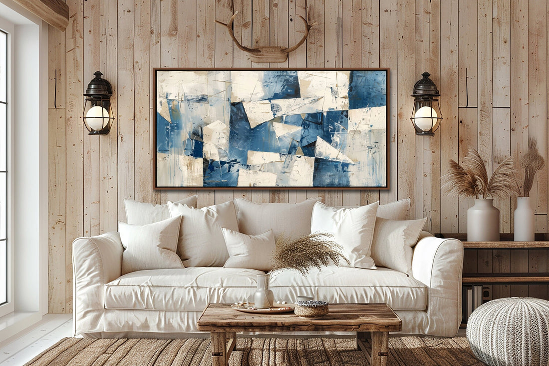 Abstract Blue Beige White Wall Art, Vintage Abstract Wall Decor, Modern Gallery Framed Canvas Art, Minimalist Living Room Large Canvas Print