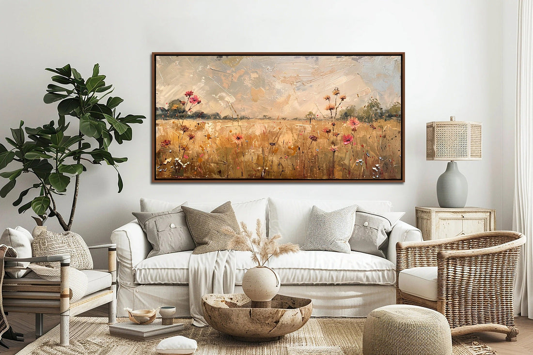 Countryside Wall Art, Wildflowers Wall Decor, Vintage Farmhouse Canvas Art, Floral Country Large Canvas Print, Botanical Living Room Decor