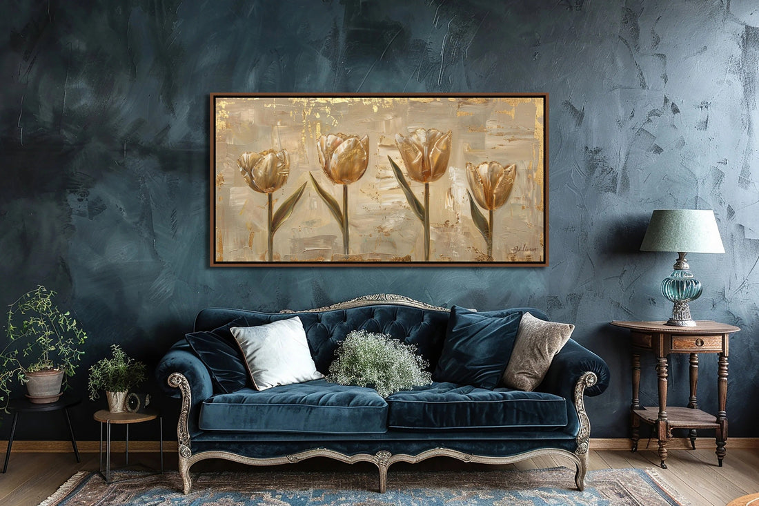 Gold Tulips Framed Wall Art, Vintage Farmhouse Sign, Beige Flowers Wall Decor, Floral Canvas Art, Modern Living Room Large Canvas Print Gift